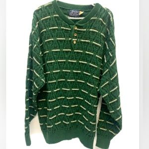 Men's Peconic Bay Traders Sweater  Green Knitted Open Neck 3 Button Down Sz Lg